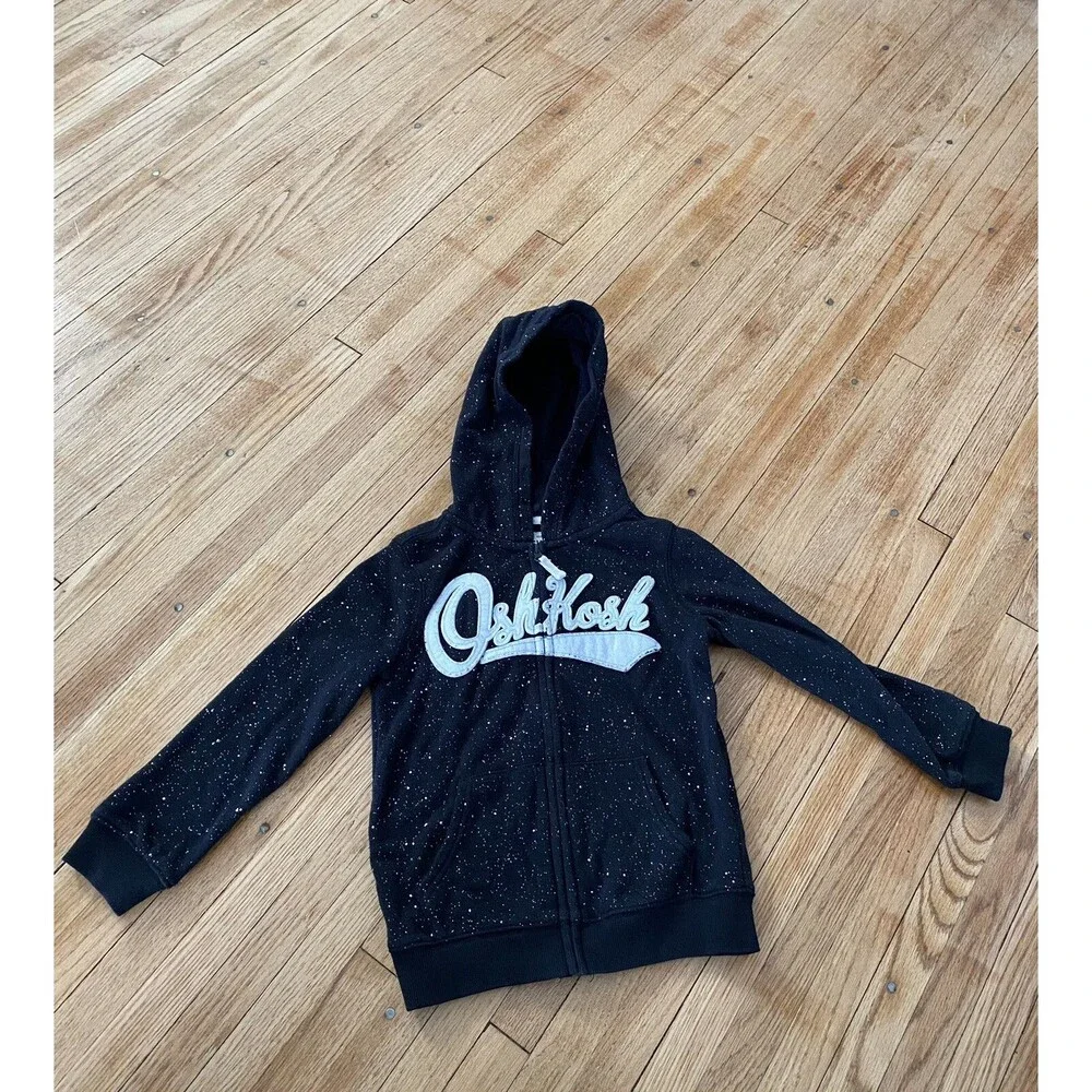 Oshkosh B’gosh Girl 4/5 Hooded Sweatshirt Black  White Sparkles Zip w Pockets